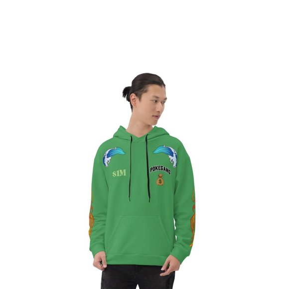 PokeGang Unisex Green Long Sleeve Side Kangaroo Pocket Pullover Fleece Hoodie - Picture 3 of 8